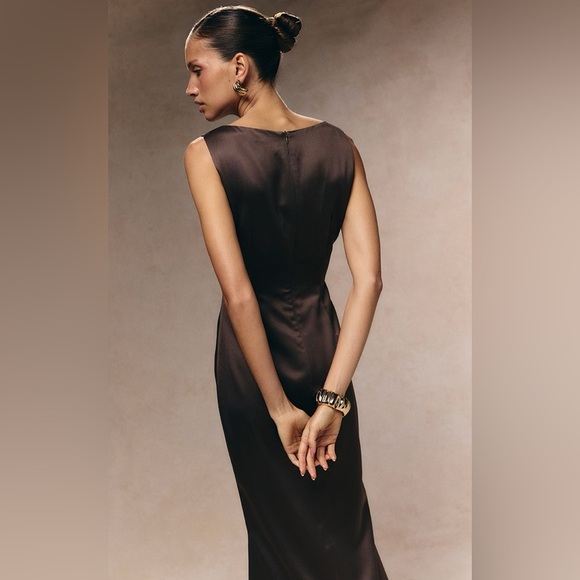 NWT PrettyLittleThings Chocolate Brown Boat Neck Satin Fishtail Midi Dress-US 6 - Picture 13 of 14